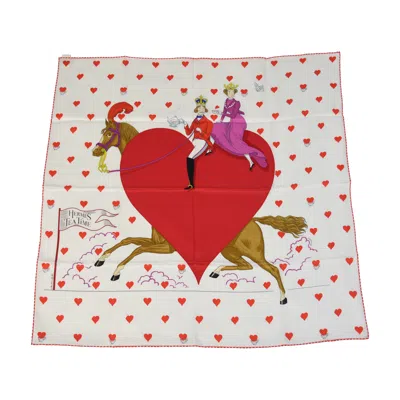 Pre-owned Hermes Carre 70 Tea Time Heart King And Queen Silk Square Scarf White Red