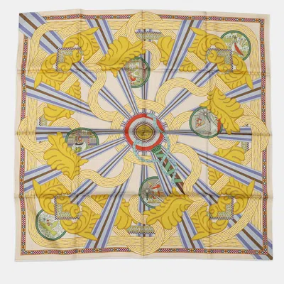 Pre-owned Hermes Carre Double Face A La Lumiere Du Flambeau Double Face Torchlight Size 90 Cream/moldore/blue Lavand  In Multi