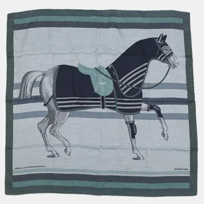 Pre-owned Hermes Carre H Cheval A La Couverture Horse Blanket Spiral Size 100 Ciel / Blue Marine / Celadonh104277t Ca In Multi