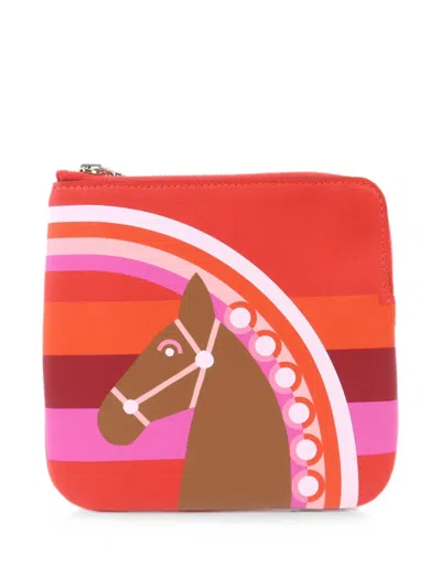 Pre-owned Hermes Carre Pocket Horse-print Wallet In Red
