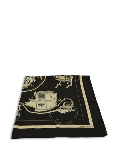 Pre-owned Hermes Carriage-print Scarf In Black
