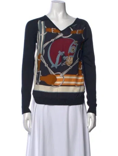 Pre-owned Hermes Cashmere Graphic Print Top In Blue