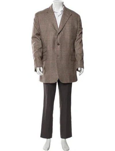 Pre-owned Hermes Cashmere Houndstooth Print Overcoat In Brown