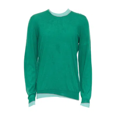 Pre-owned Hermes Cashmere Silk Blend Green Blue Border Trompe Loeil Crewneck Sweater