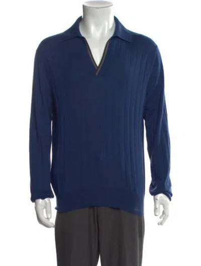 Pre-owned Hermes Cashmere V-neck Polo Sweater In Blue