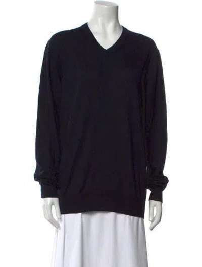 Pre-owned Hermes Cashmere V-neck Sweater In Blue