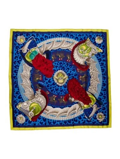 Pre-owned Hermes Casques Et Plumets Silk Scarf In Blue