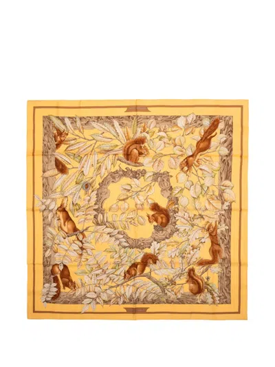 Pre-owned Hermes Casse Squirrel-print Scarf In Yellow