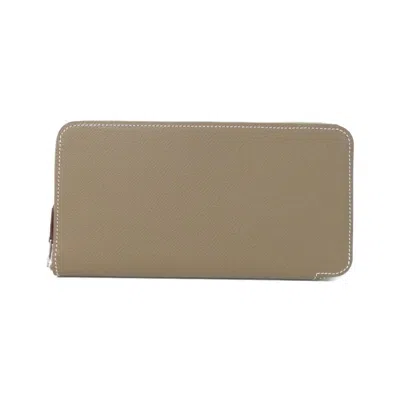 Pre-owned Hermes Cassis Etoupe Gray Vert Epsom Leather Silk Long Wallet (bi-fold) ()