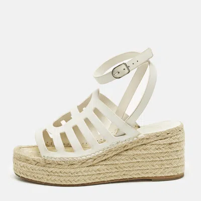 Pre-owned Hermes Catalya Size 36 White Leather Espadrille Wedge Ankle Strap Sandals