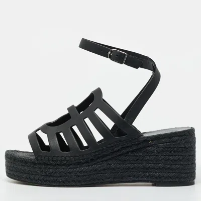 Pre-owned Hermes Catalya Size 38 Black Leather Espadrille Wedge Ankle Strap Sandals