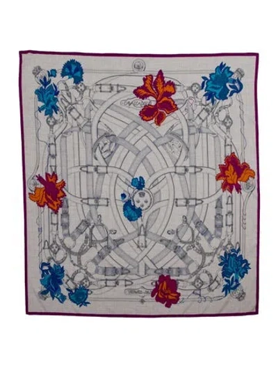 Pre-owned Hermes Cavalcadour Fleuri Cashmere Shawl In Purple