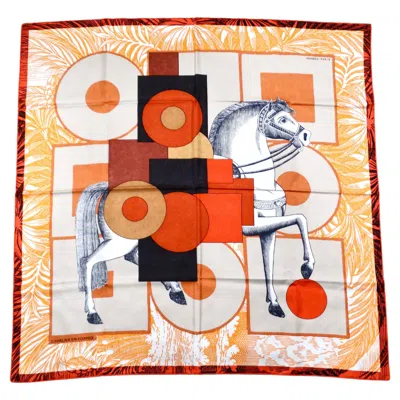 Pre-owned Hermes "cavalier En Formes" 90 Cm Orange Silk Horse Print Scarf