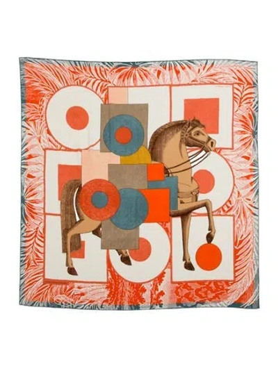 Pre-owned Hermes Cavalier En Formes Cashmere Shawl In Orange