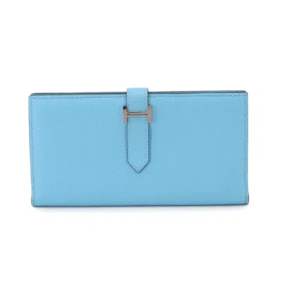 Pre-owned Hermes Celeste Epsom Leather Long Wallet (bi-fold) () In Blue