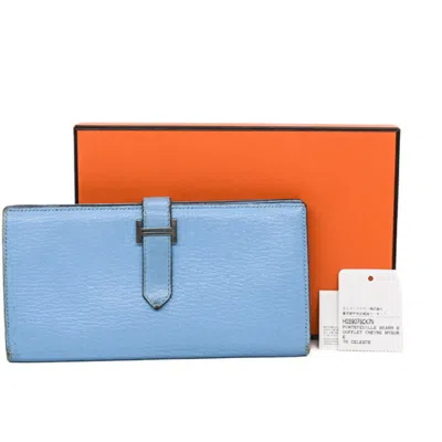Pre-owned Hermes Celeste Swift Leather Long Wallet (bi-fold) () In Blue