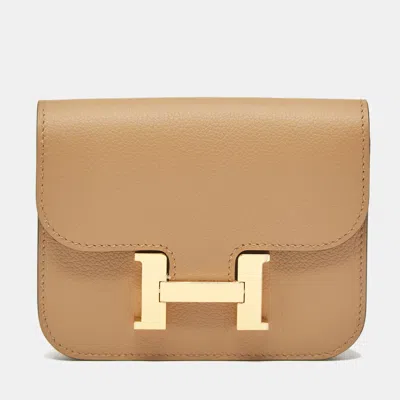 Pre-owned Hermes Hermès Chai/lime Evercolor Leather Constance Slim Wallet In Sand