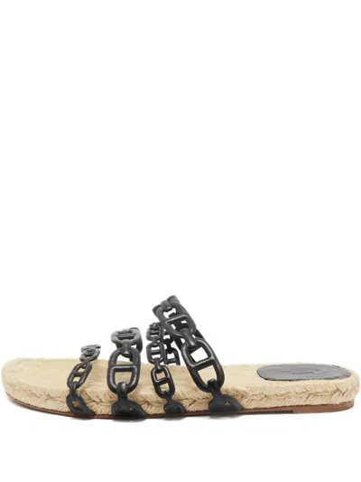 Pre-owned Hermes Chain Leather Espadrille Flats In Black
