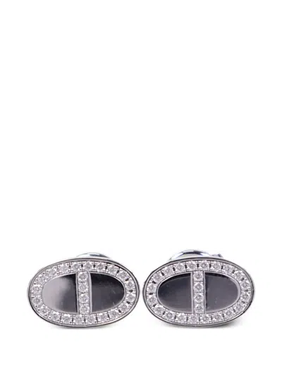 Pre-owned Hermes Chaine D'ancre Contour Diamond Earrings In Silver