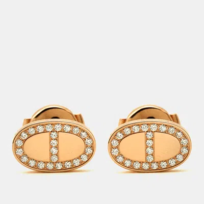Pre-owned Hermes Hermès Chaine D'ancre Contour Diamonds 18k Rose Gold Earrings