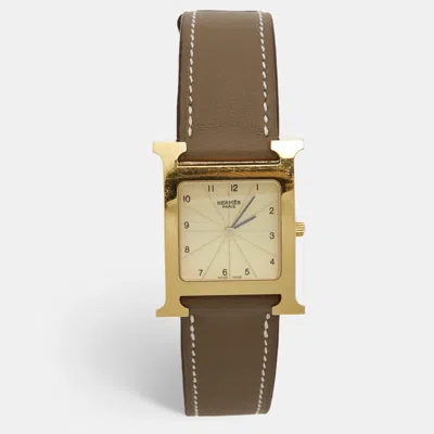 Pre-owned Hermes Hermès Champagne Gold Plated Stainless Steel Leather Heure H Hh1.501 Women's Wristwatch 26 Mm