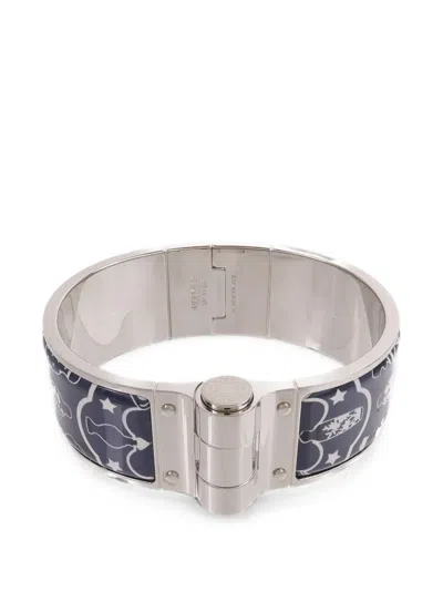 Pre-owned Hermes Charniere Enamel Bangle Bracelet In Silver