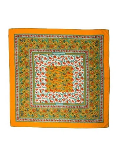 Pre-owned Hermes Chasse En Inde Cashmere Shawl In Orange