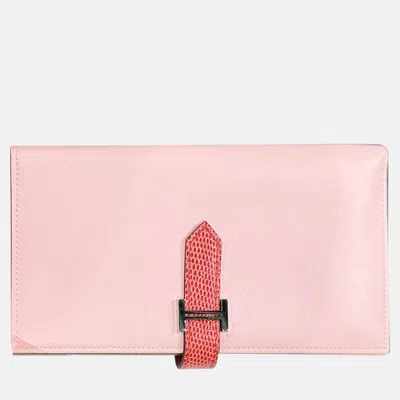 Pre-owned Hermes Cherry Blossom Pink Lizard Buckle Bearn Long Wallet