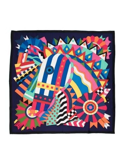 Pre-owned Hermes Cheval De Fete Silk Scarf W/ Tags In Blue