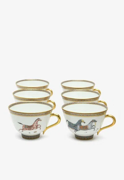 Hermes Cheval D'orient Cups And Saucers N°1 To N°6  - Set Of 6 In White