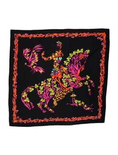 Pre-owned Hermes Cheval Fleuri Silk Scarf In Black