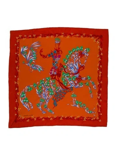 Pre-owned Hermes Cheval Fleuri Silk Scarf In Orange