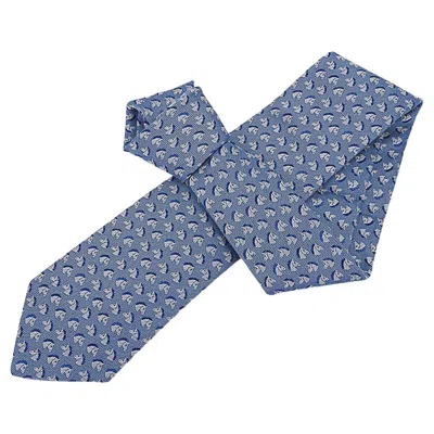Pre-owned Hermes Cheval Rebelle Tie 7 Ciel Blanc And Marine Heavy Silk Twill In Gray