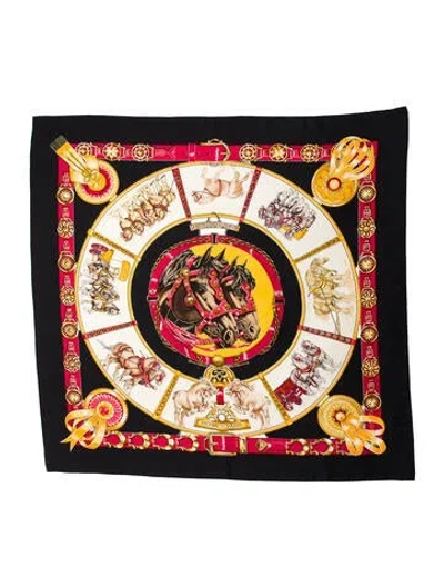 Pre-owned Hermes Chevaux De Trait Silk Scarf In Black