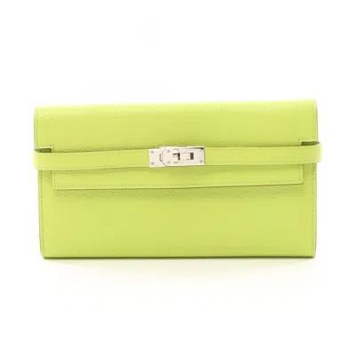 Pre-owned Hermes Chevre Leather Long Wallet (tri-fold) () In Green