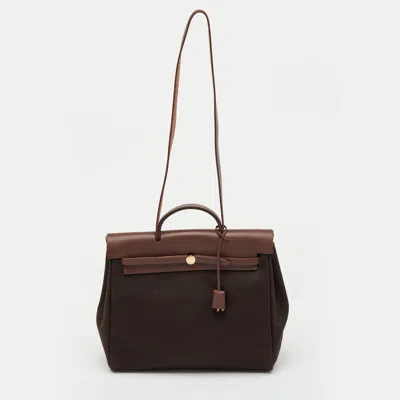 Pre-owned Hermes Chocolate/terre Canvas And Leather Herbag 39 Bag In Brown