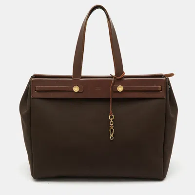 Pre-owned Hermes Chocolate/terre Toile Canvas And Vache Hunter Herbag Cabas Mm Bag In Brown