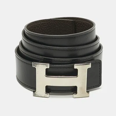Pre-owned Hermes Chocolat/noir Togo And Box Leather Brushed H Buckle Reversible Belt 85 Cm In Black