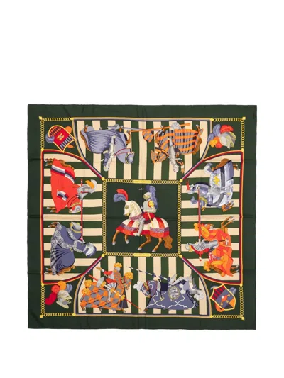 Pre-owned Hermes Chocs Print Silk Scarf In Green
