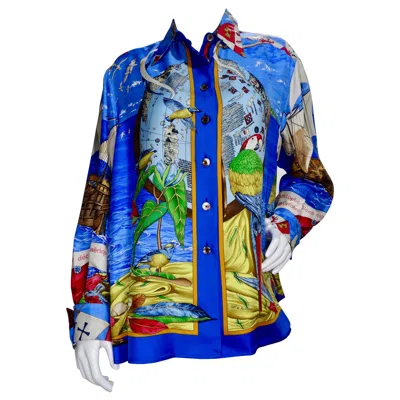 Pre-owned Hermes 'christophe Colomb Decouvre L'amerique' Blouse In Blue