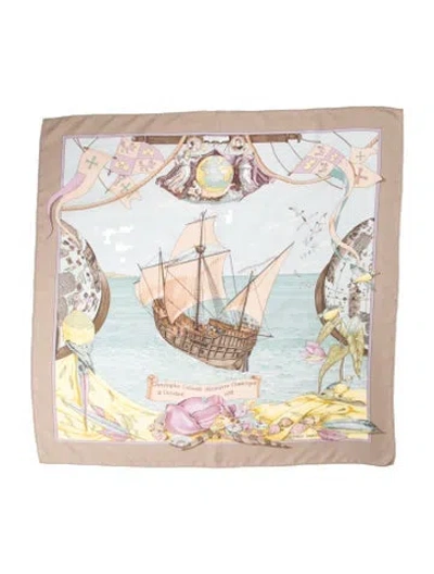 Pre-owned Hermes Christophe Colomb Découvre L'amerique Silk Scarf In Gray