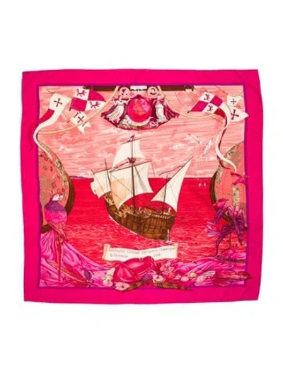 Pre-owned Hermes Christophe Colomb Découvre L'amerique Silk Scarf In Pink