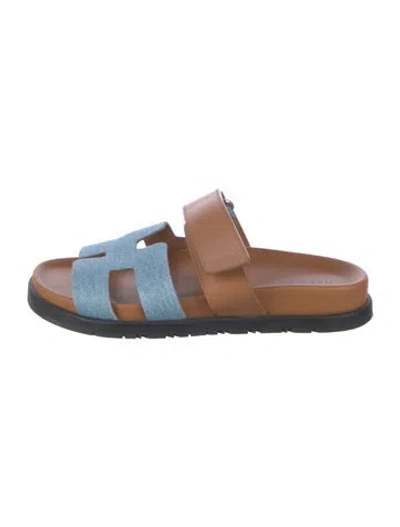 Pre-owned Hermes Chypre Denim Slides In Blue/brown