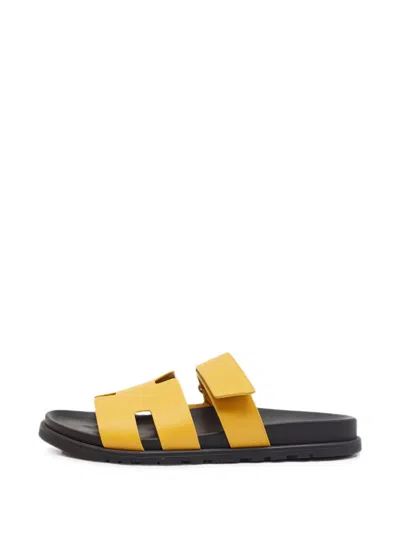 Pre-owned Hermes Chypre Flat Slides In Yellow