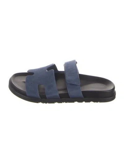 Pre-owned Hermes Chypre H Logo Slides In Blue
