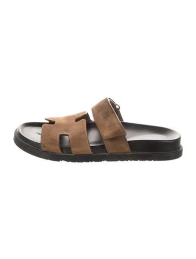 Pre-owned Hermes Chypre H Logo Slides In Brown