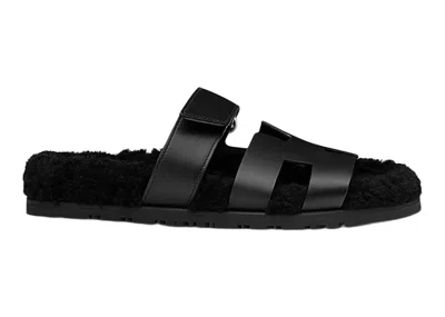 Pre-owned Hermes Chypre Sandal Noir Leather Woolskin (women's) Sneakers In Black