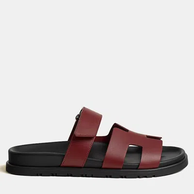 Pre-owned Hermes Chypre Sandal Size 38 Rouge H Calfskin In Black
