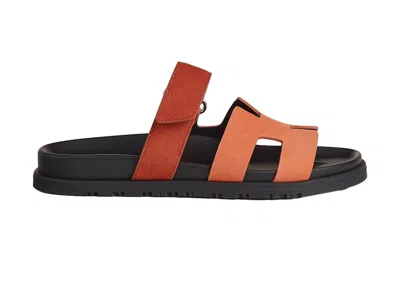 Pre-owned Hermes Chypre Sandalcalfskin Leather (women's) Sneakers In Rose Bois De Santal/rouge De Turin In Red