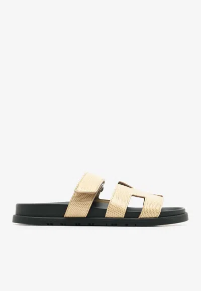 Pre-owned Hermes Chypre Sandals In Beige Argile Shiny Lizard Leather